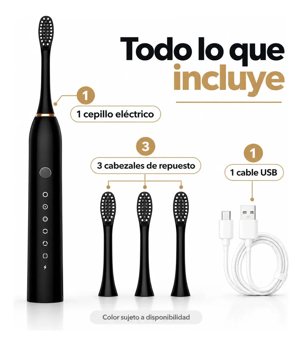 Todo lo que incluye: cepillo, 3 cabezales de repuesto y cable USB