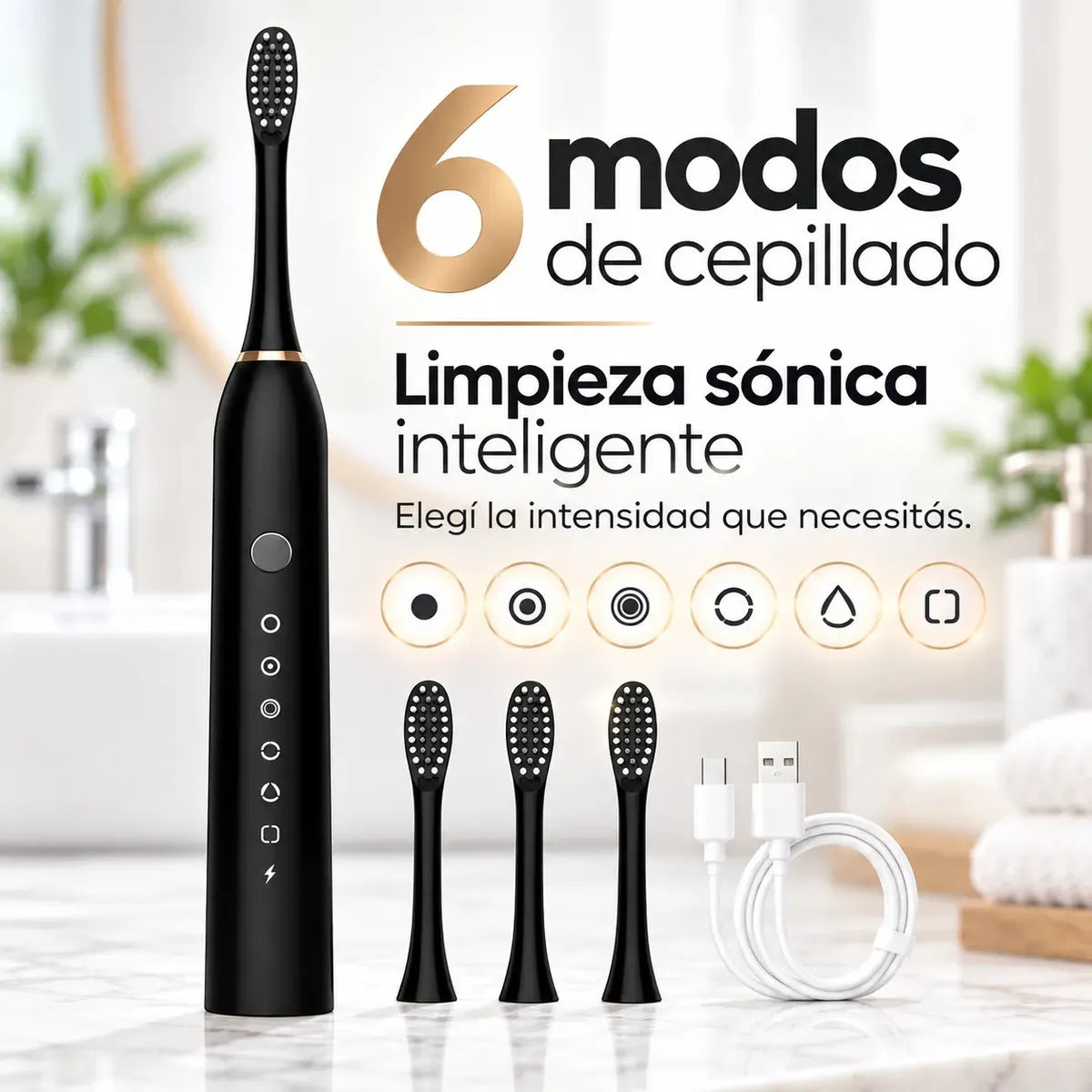 Cepillo sónico NÁCAR con 6 modos de cepillado, 3 cabezales de repuesto y cable USB-C